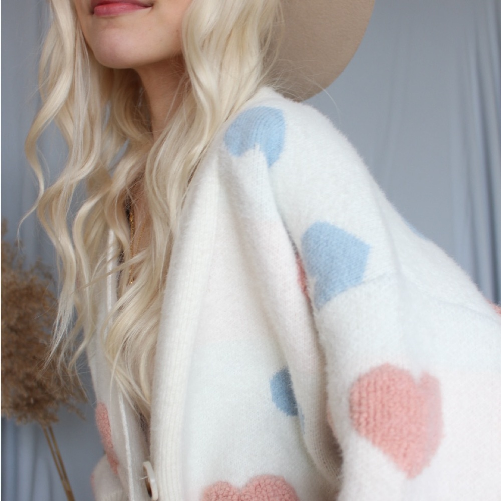 Chicwish Pink & Blue Heart Oversized Fuzzy Knit Cardigan